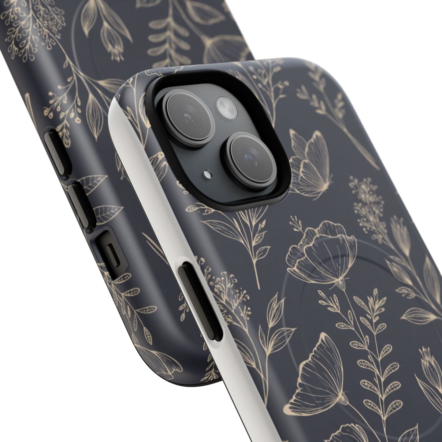Floral Woodgrain Tough Magnetic Phone Case — Navy Botanical Protection