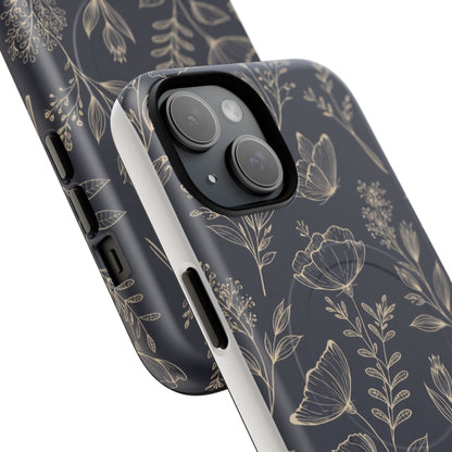 Floral Woodgrain Tough Magnetic Phone Case — Navy Botanical Protection