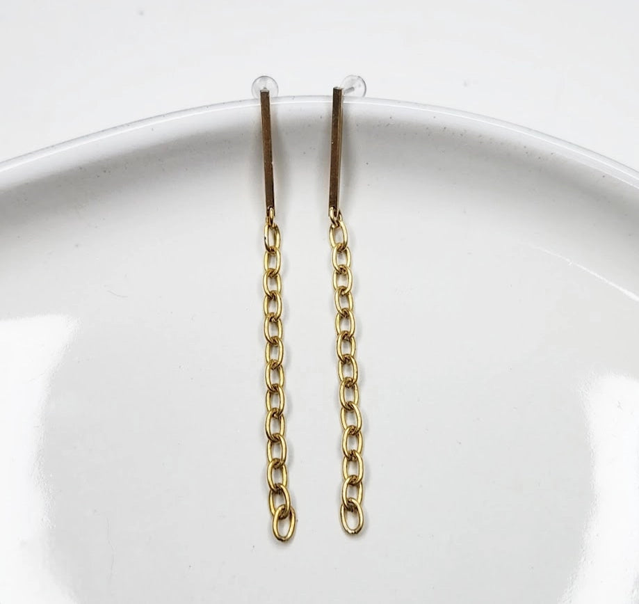 Edgy Brass Bar and Chain Dangle Post Earrings