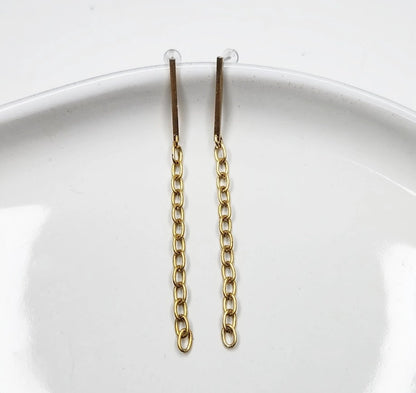 Edgy Brass Bar and Chain Dangle Post Earrings