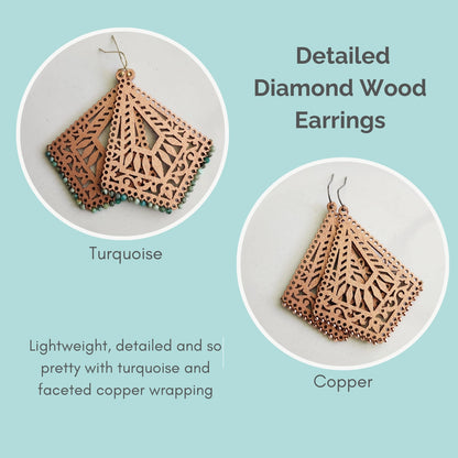 Turquoise and Copper Wrapped Rose Gold Wood Dangle Earrings