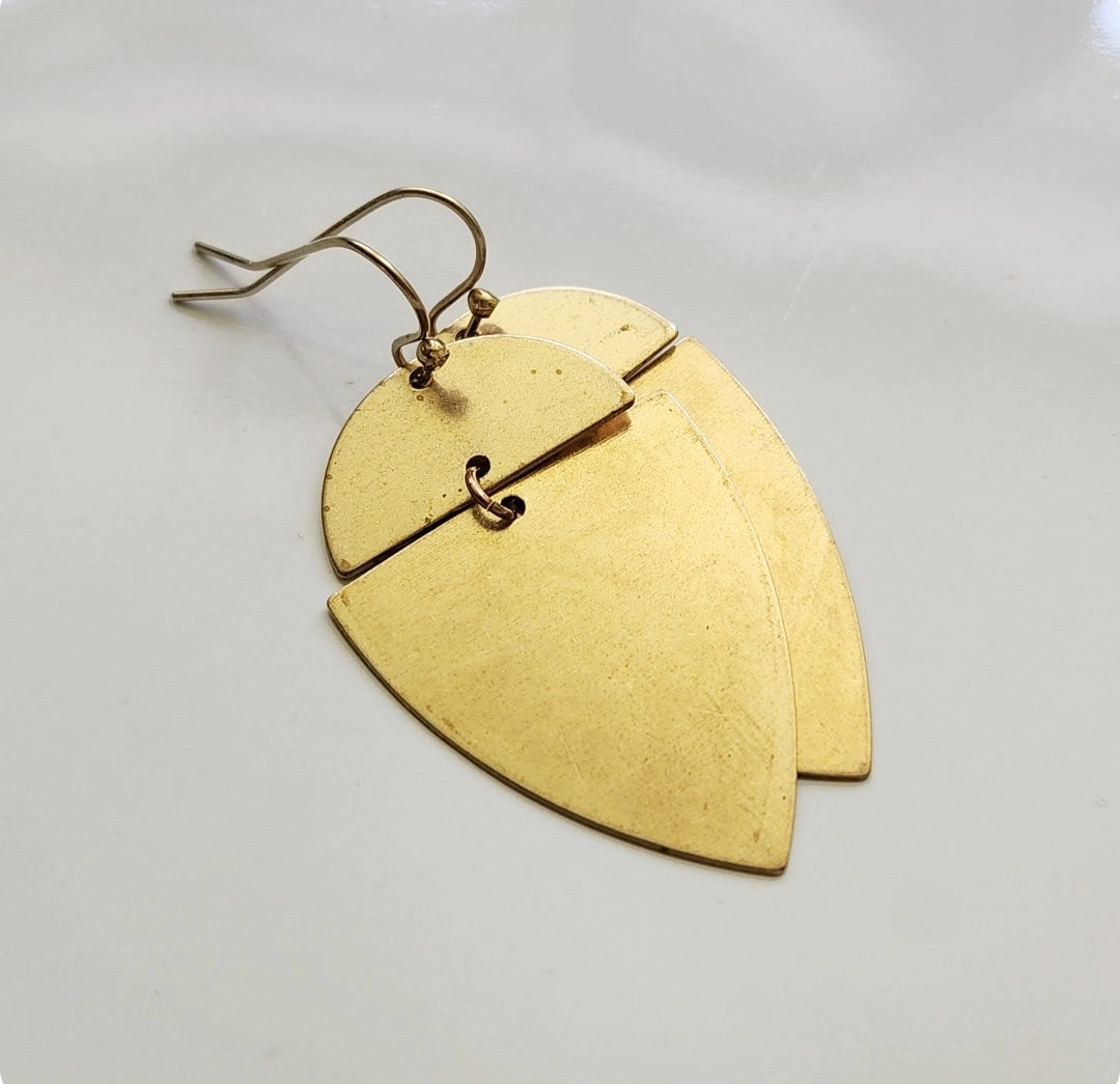 Edgy Chic Brass Geometric Shield Dangle Earrings
