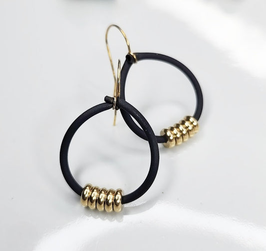 Beaded Black Rubber and Brass Edgy Hoop Dangle Earrings