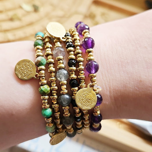 Gemstone & Lotus Charm Meaningful Beaded Stretch Bracelets