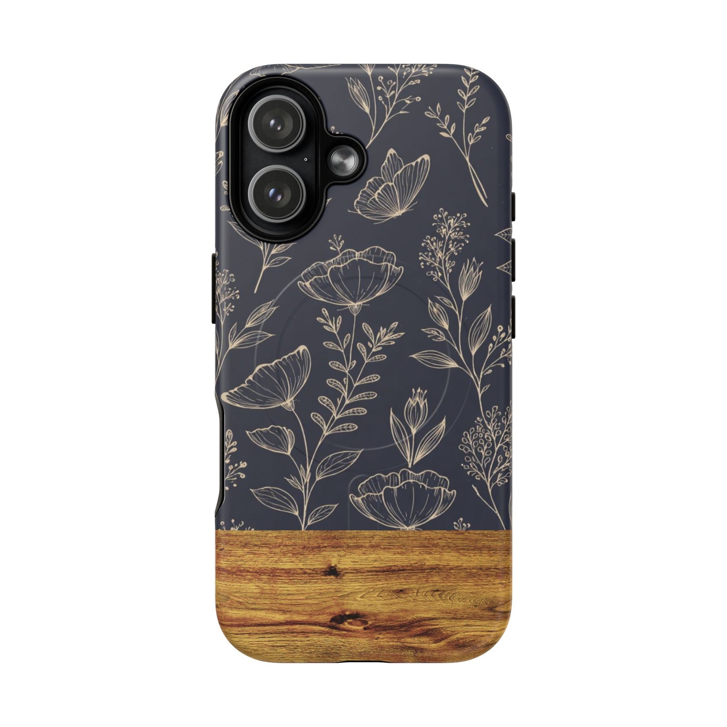 Floral Woodgrain Tough Magnetic Phone Case — Navy Botanical Protection