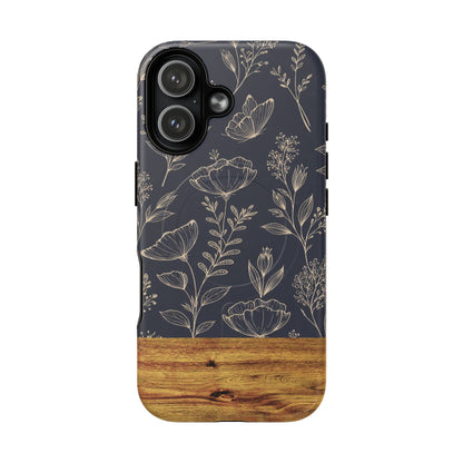 Floral Woodgrain Tough Magnetic Phone Case — Navy Botanical Protection