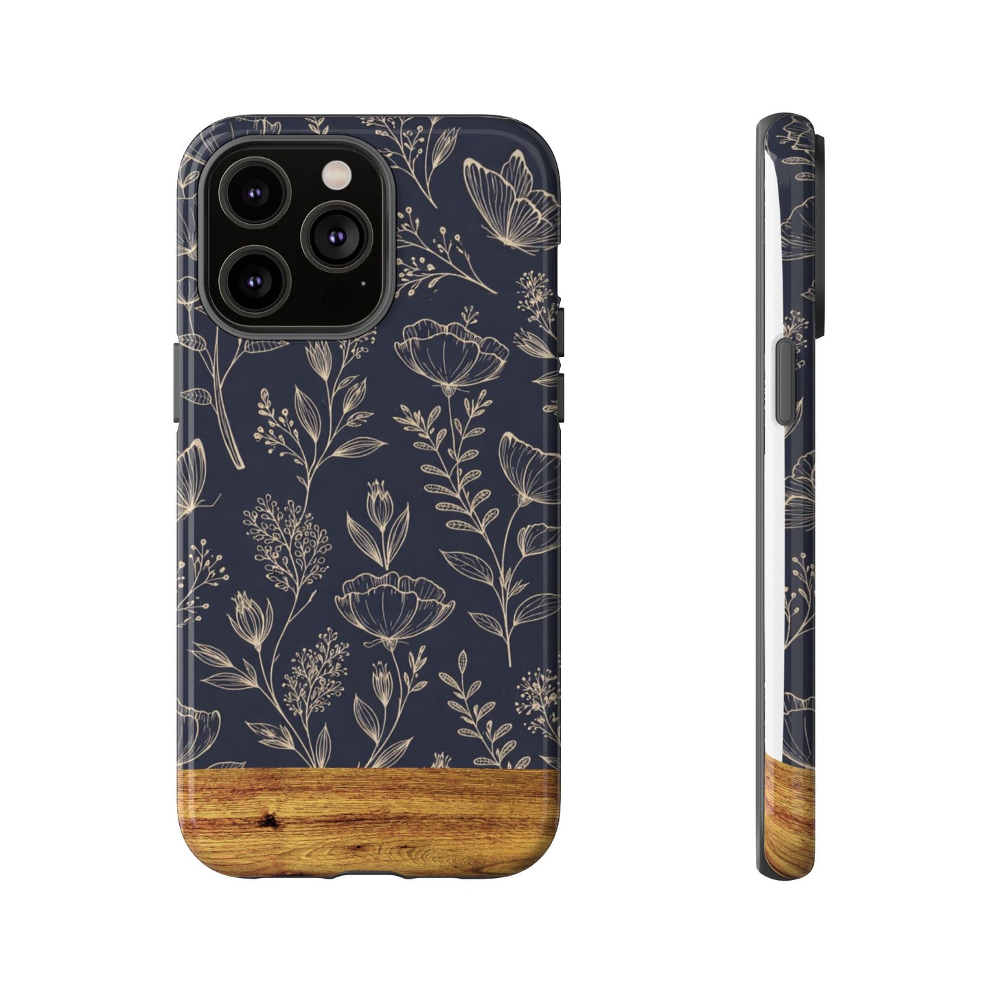 Floral Navy Tough Phone Case — Wood Accent Protective Cover