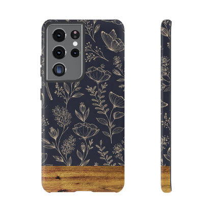 Floral Navy Tough Phone Case — Wood Accent Protective Cover