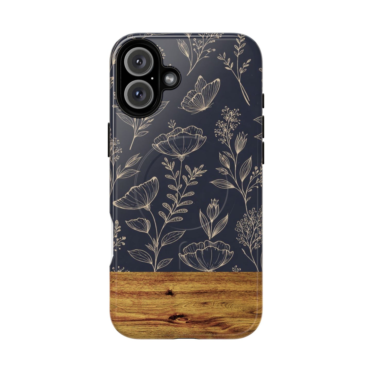 Floral Woodgrain Tough Magnetic Phone Case — Navy Botanical Protection