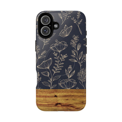 Floral Woodgrain Tough Magnetic Phone Case — Navy Botanical Protection