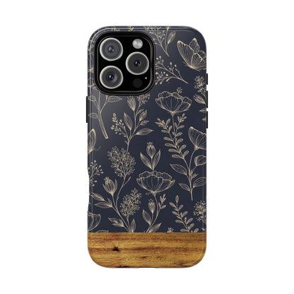 Floral Navy Tough Phone Case — Wood Accent Protective Cover