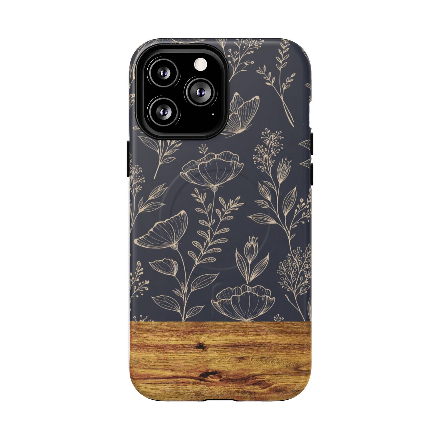 Floral Woodgrain Tough Magnetic Phone Case — Navy Botanical Protection