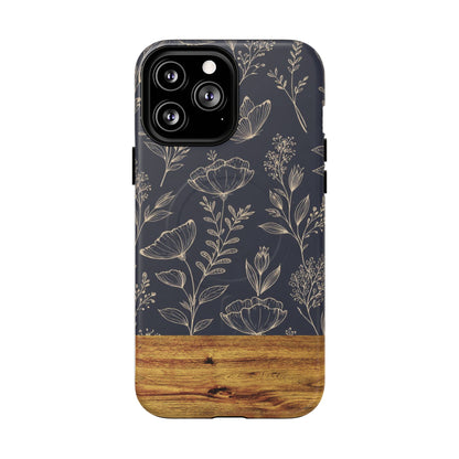 Floral Woodgrain Tough Magnetic Phone Case — Navy Botanical Protection