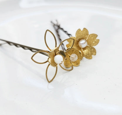 Brass Flower and Mother of Pearl, Pearl, Moonstone Hairpins