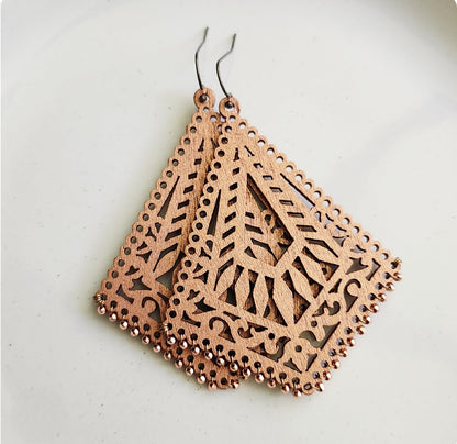 Turquoise and Copper Wrapped Rose Gold Wood Dangle Earrings