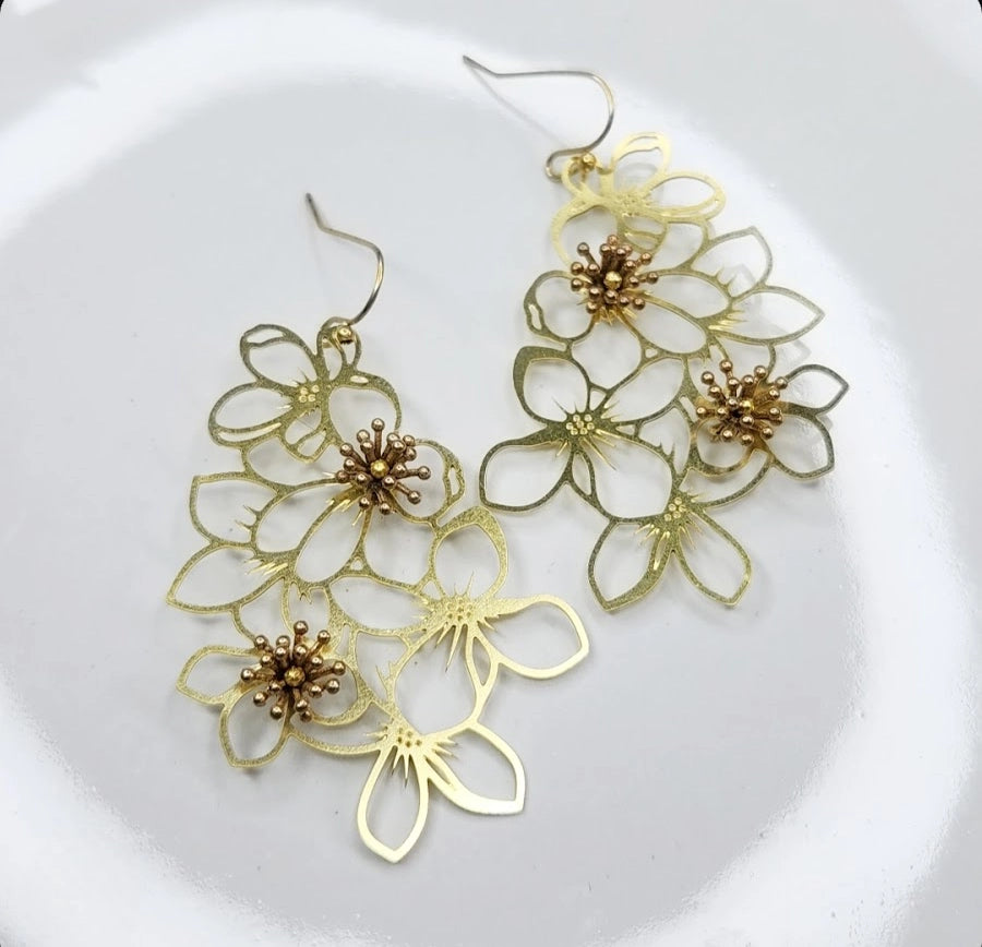 Brass Cherry Blossom/Dogwood Flower Inspired Earrings