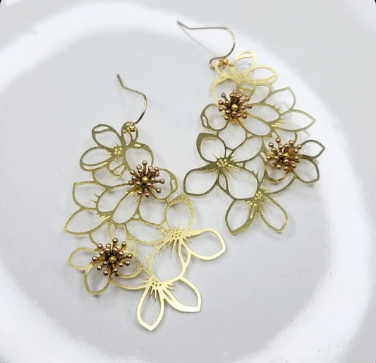 Brass Cherry Blossom/Dogwood Flower Inspired Earrings