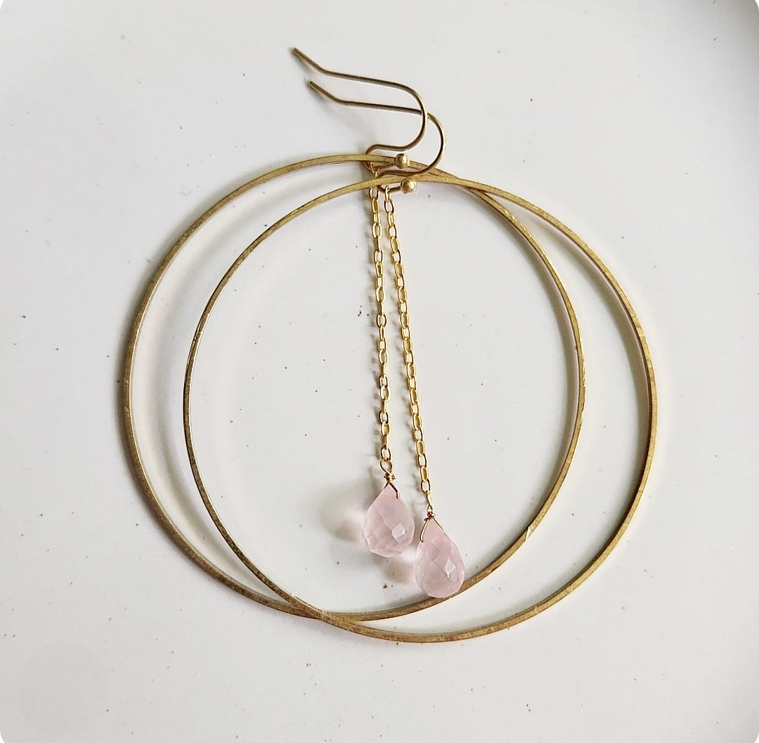 Faceted Rose Quartz Briolette and Brass Hoop Dangle Earrings