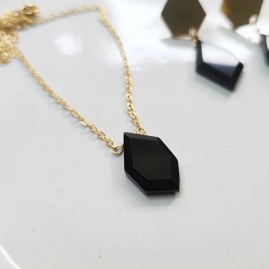 Geometric Faceted Black Onyx and Brass Earrings and Necklace