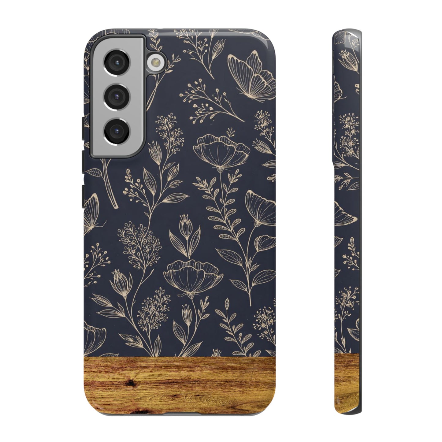 Floral Navy Tough Phone Case — Wood Accent Protective Cover