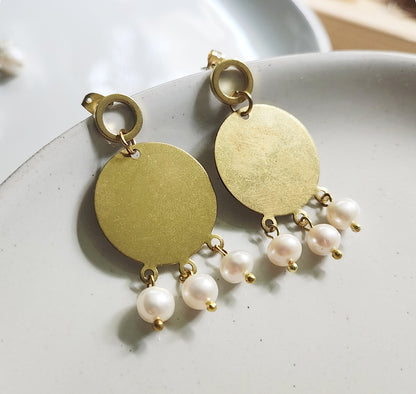 Freshwater Pearl and Brass Circle Chandelier Post Earrings