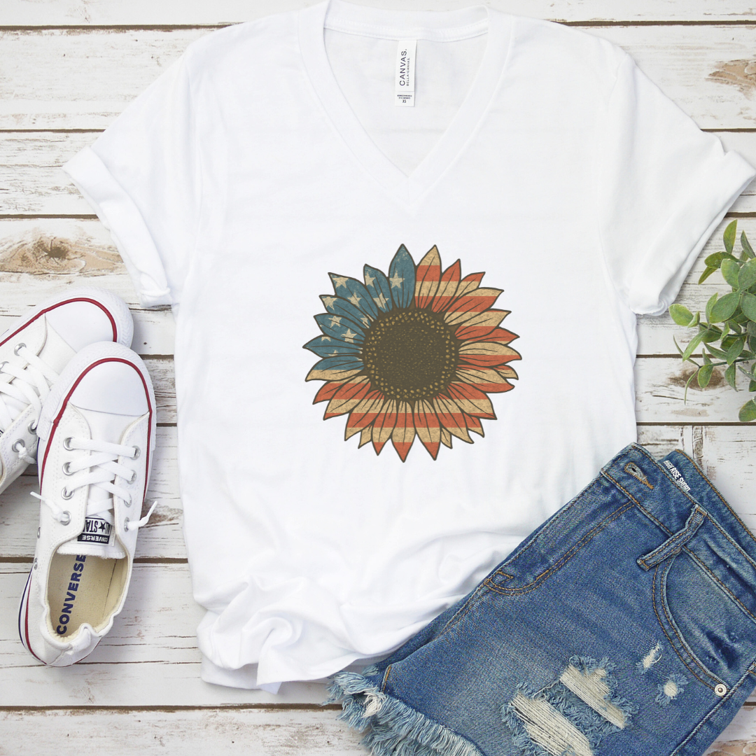 Floral Stars and Stripes - Short Sleeve V-Neck Tee