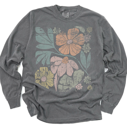 Artistic Boho Floral, Faded Distressed Print- Comfort Colors Long Sleeve Premium T Shirt