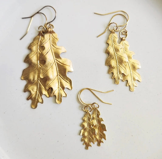 Brass Oak Leaf Dangle Earrings, Floral Botanical Jewelry