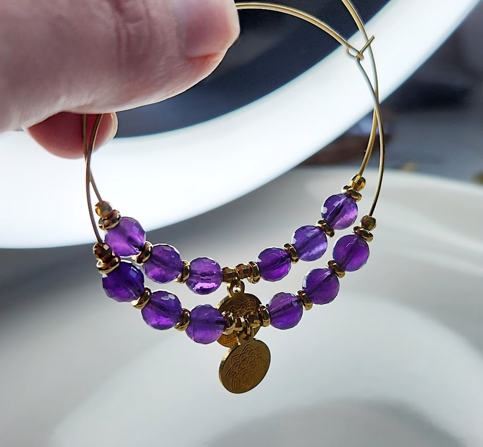 Amethyst & Turquoise with Lotus Charm Beaded Hoop Earrings