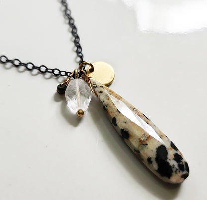 Dalmatian Jasper & Gemstone Cluster Pendant On Black Brass
