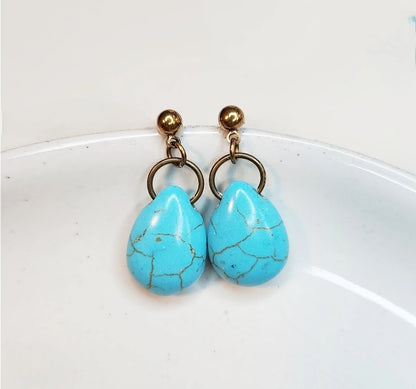 Turquoise Blue Howlite & Antiqued Brass Post Dangle Earrings