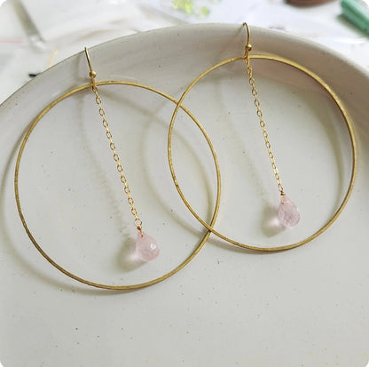 Faceted Rose Quartz Briolette and Brass Hoop Dangle Earrings