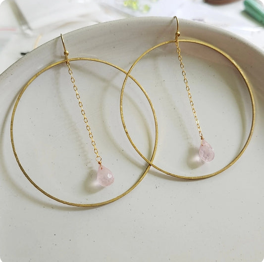 Faceted Rose Quartz Briolette and Brass Hoop Dangle Earrings