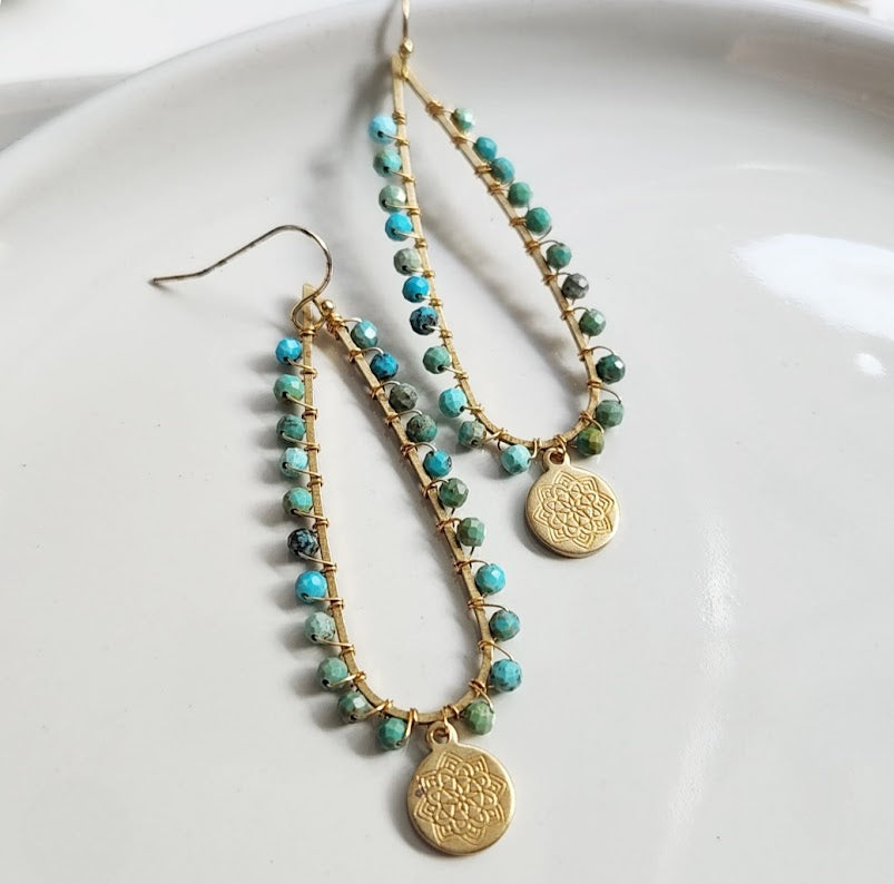 Gemstone and Brass Lotus Charm and Teardrop Dangle Earrings