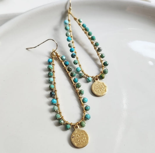 Gemstone and Brass Lotus Charm and Teardrop Dangle Earrings