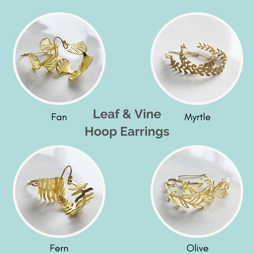 Brass Fern, Olive & Myrtle Leaf Hoop Dangle Earrings