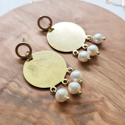 Freshwater Pearl and Brass Circle Chandelier Post Earrings