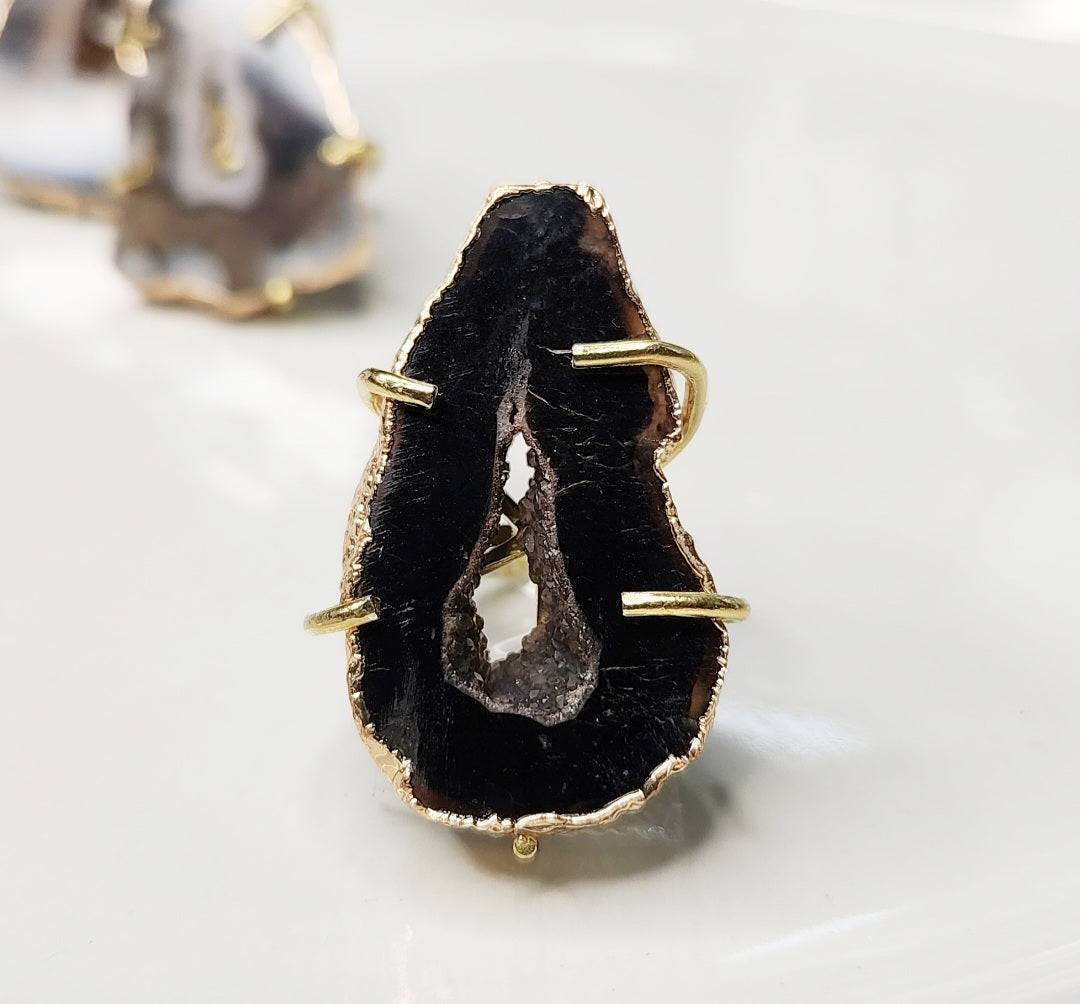 Gold Plated Geode/Agate Slice Solitaire Adjustable Rings