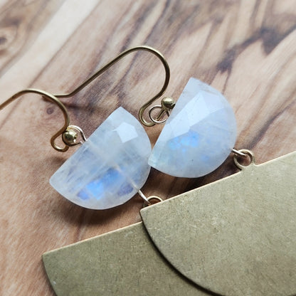 Crescent Rainbow Moonstone and Brass Statement Earrings
