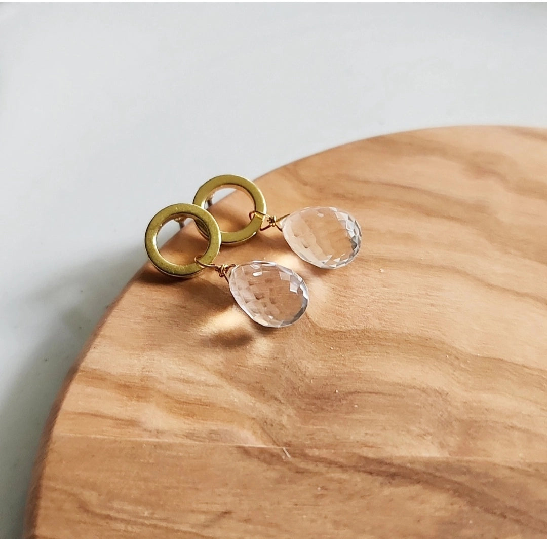 Sparkling Quartz Briolette and Brass Circle Post Earrings