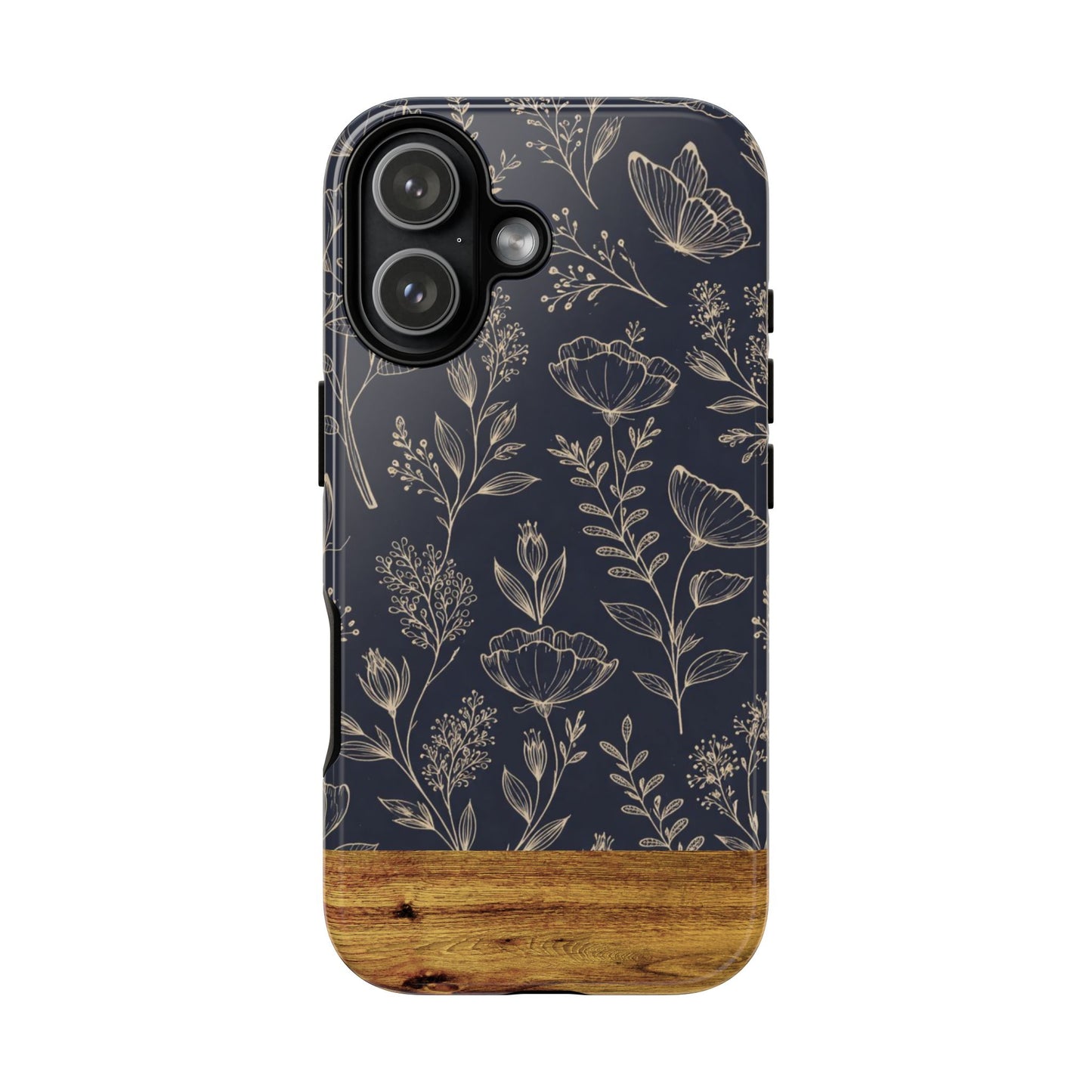 Floral Navy Tough Phone Case — Wood Accent Protective Cover