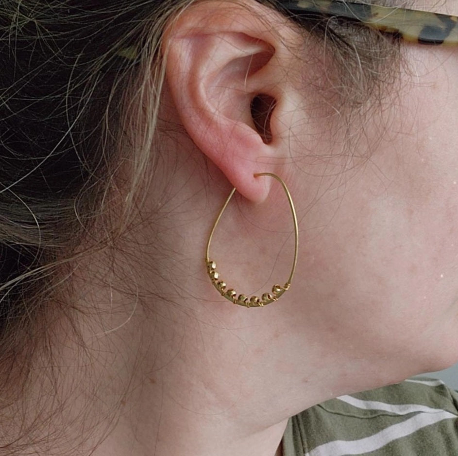Wrapped & Beaded Brass Pear Shaped Dangle and Hoop Earrings