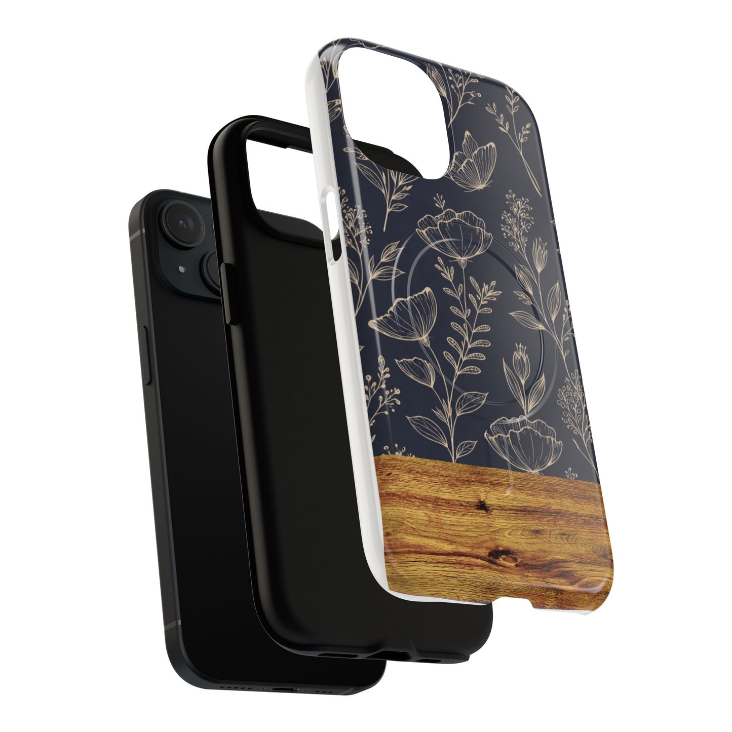 Floral Woodgrain Tough Magnetic Phone Case — Navy Botanical Protection