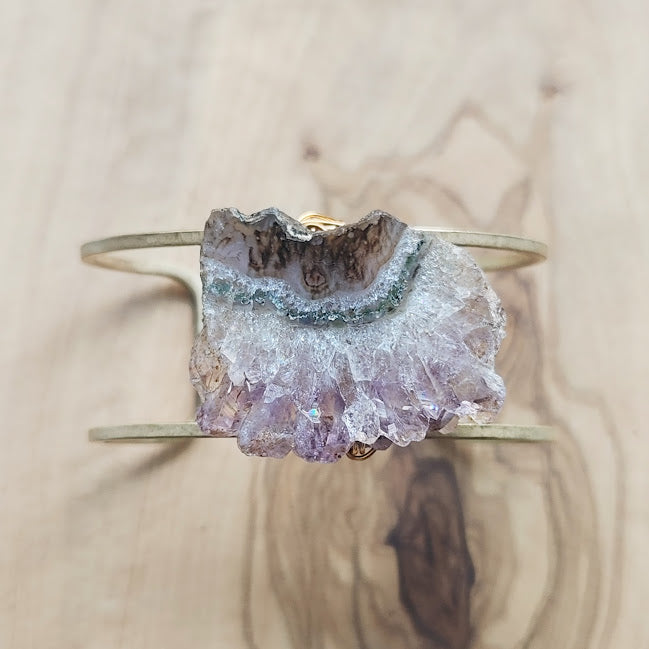 Natural Amethyst Druzy and Brass Wire Wrapped Cuff Bracelet