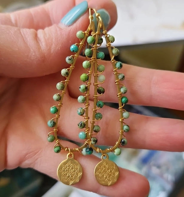 Gemstone and Brass Lotus Charm and Teardrop Dangle Earrings