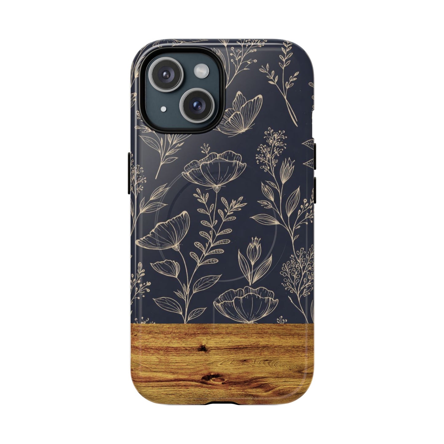 Floral Woodgrain Tough Magnetic Phone Case — Navy Botanical Protection