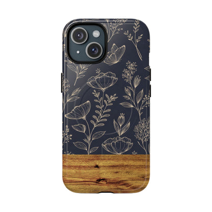 Floral Woodgrain Tough Magnetic Phone Case — Navy Botanical Protection