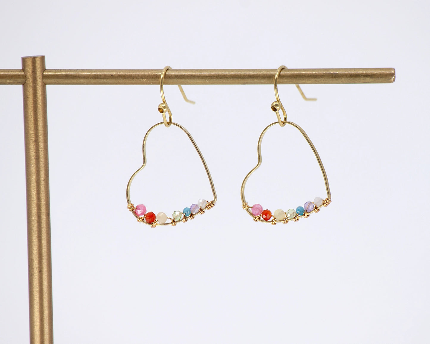 Rainbow Gemstone Wire Wrapped Heart Dangle Earrings