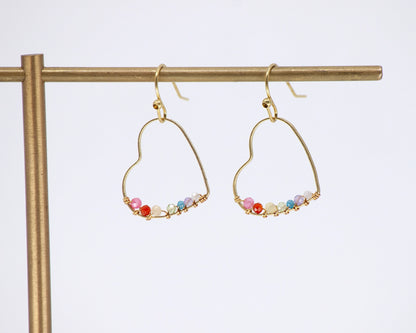 Rainbow Gemstone Wire Wrapped Heart Dangle Earrings