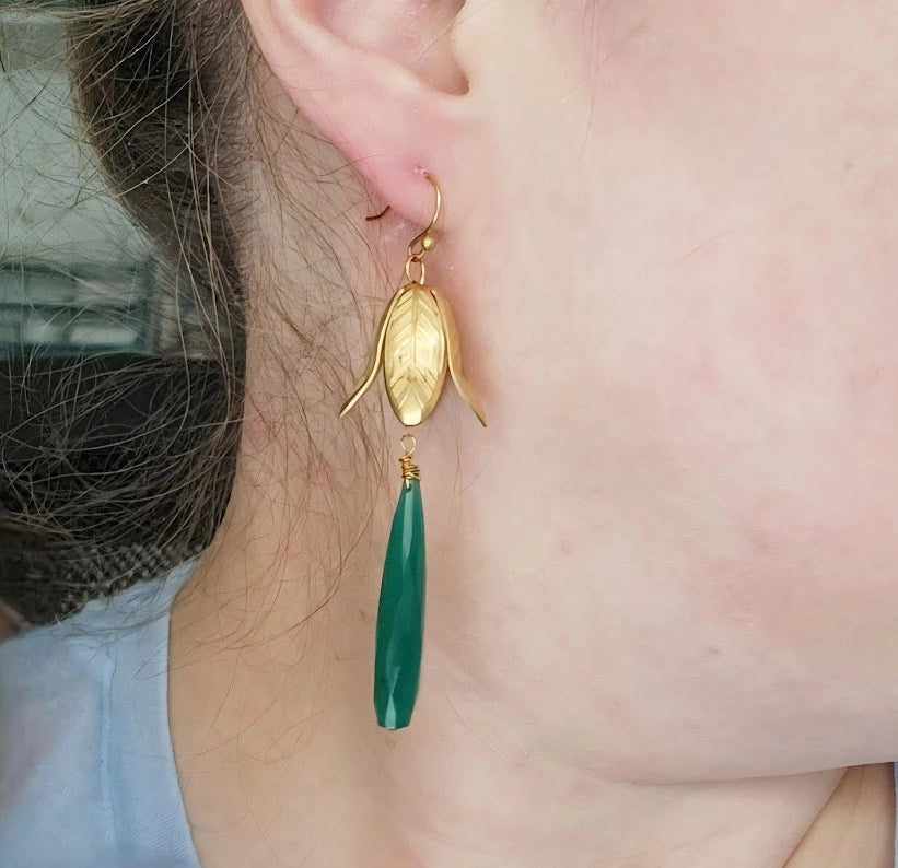 Bellflower and Green Onyx Teardrop Statement Earrings